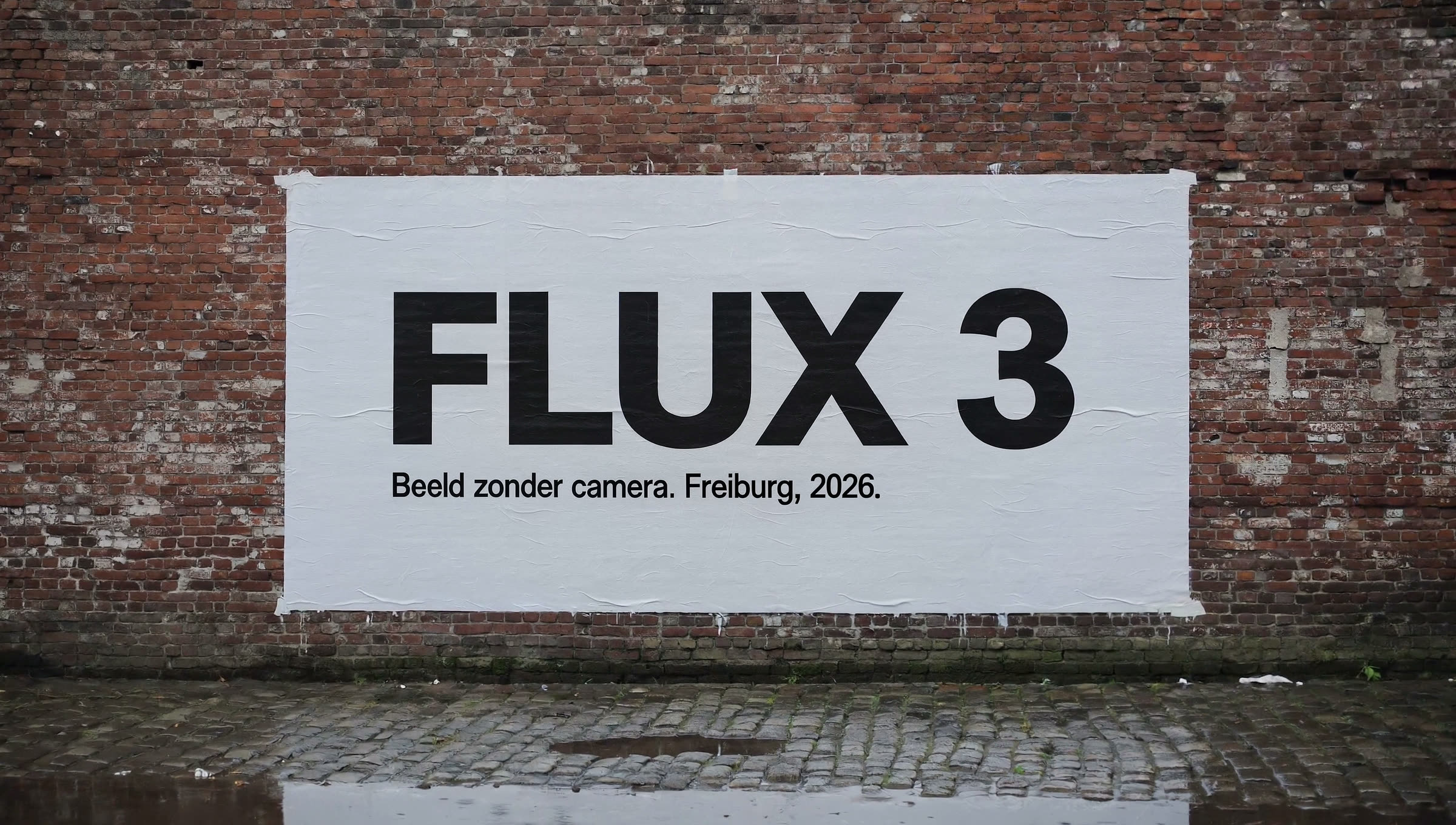 Wheat-pasted FLUX 3 poster on a red brick wall above wet cobblestones